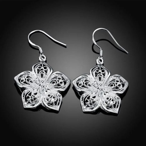 Gorgeous 3D Flower .925 Sterling Silver Hanging Earrings " Hypoallergenic " - Picture 5 of 8